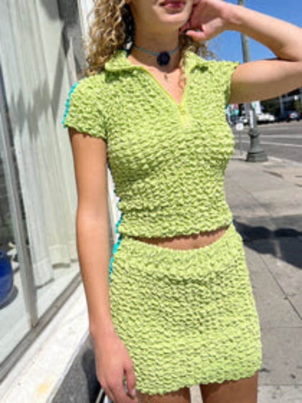 Lisa Says Gah Lime/Aqua Popcorn Polo